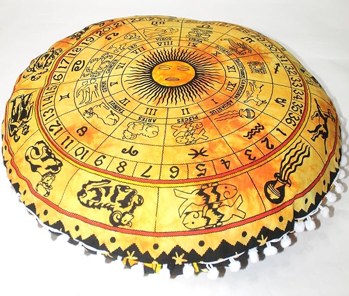 CRAFT KALA 32" Round Large Round Bohemian Floor Pillow Pouf Cover Mandala Meditation Room Pillow Cover for Adults Boho Seating Poufs Cushion Cover for Kids Playroom Yellow Zodiac