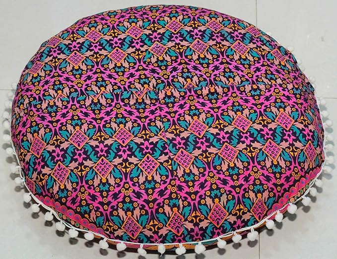 Round Mandala Floor Pillow Cover Seating Cushion Throw Cover Ottoman Pouf Cover Pom Pom Pillow Cases Hippie Decorative Bohemian Boho Indian 22 Inches (New Pink)