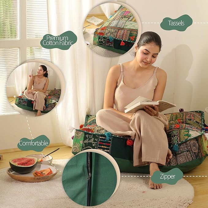 THE ART BOX Cotton Patchwork Vintage Boho Embroidered Floor Pillows & Cushion Cover Dog Pouf Seating Pouf Meditation Pillow Pet Bedding Cat Bed Boho Home Décor (35x35 Inches, Cover Only)