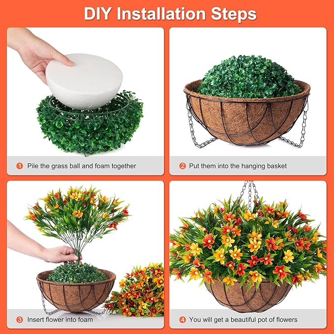 Artificial Hanging Flowers with 12" Basket for Outdoor Decor, Faux Silk Daisy Flower UV Resistant Plants Arrangements Decoration for Indoor Porch Garden Yard(Orange)