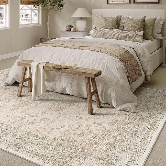 5x8 Washable Area Rug Beige Vintage Distressed Living Room Carpet for Office Oriental Soft Thin Indoor Retro Non Slip Low Pile Floor Cover for Ding Room Bedroom Laundry Dorm
