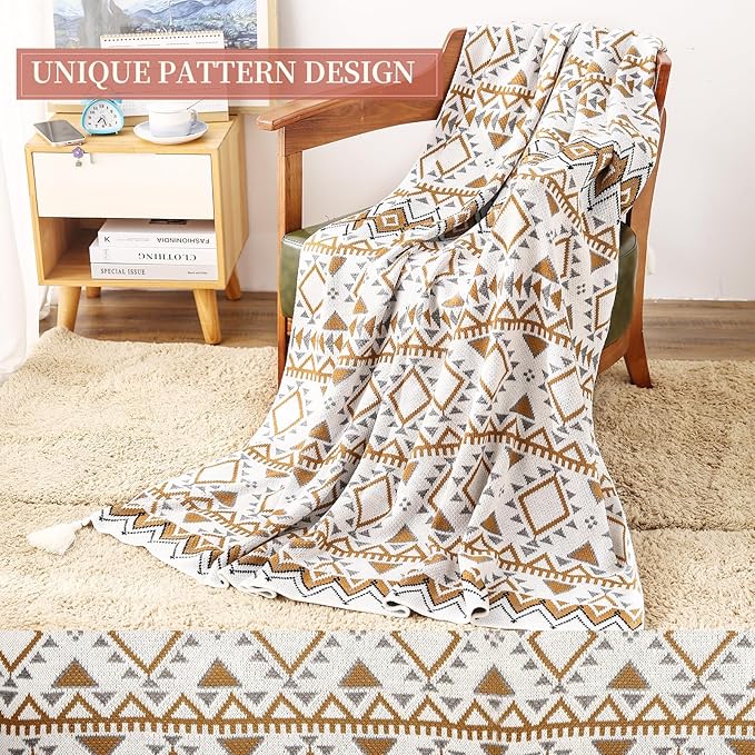 Knitted Queen Size Throw Blanket - Lightweight Breathable Summer Soft Blanket of Polyester Imitation Cotton for Anti-Static,Luxury Throws for Bed, Couch and Sofa,Yellow Tassel Pattern