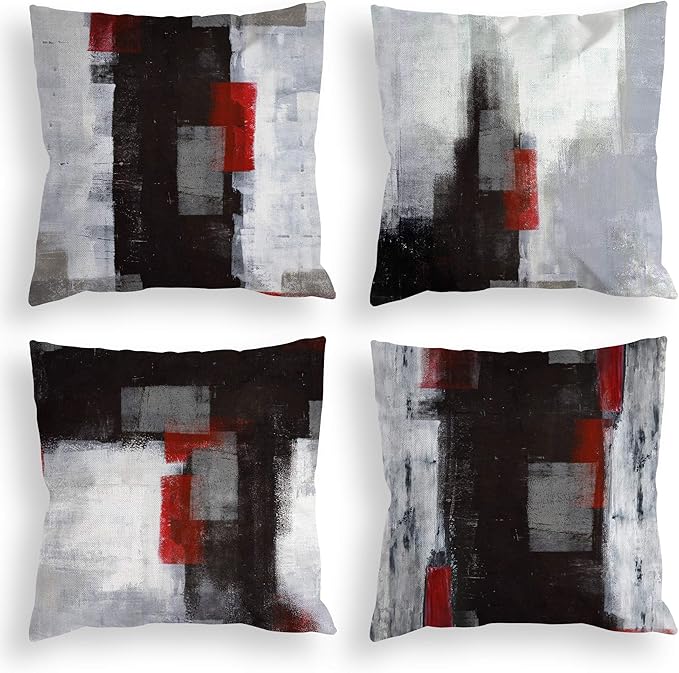 COLORPAPA Red and Black Throw Pillow Covers 20x20 Set of 4 Decorative Cushion Cover Grey Abstract Art Painting Pillowcase for Sofa Bedroom Living Room Décor