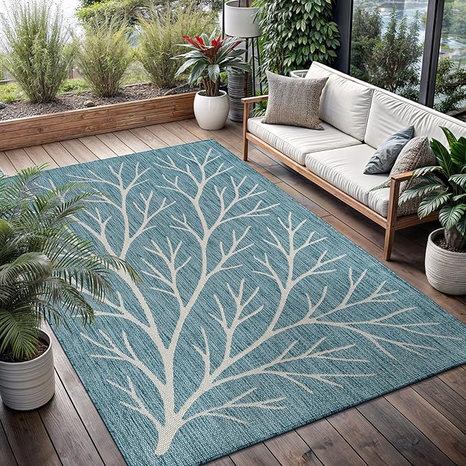 Washable Indoor Outdoor Rug 5x7 Modern Area Rugs Branch Pattern Non Shedding Waterproof Easy Clean Patio Deck Porch Living Room Bedroom Garden RV (5 X 7 Aqua)