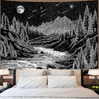 Zussun Black and White Forest Mountain Tapestry for Bedroom Aesthetic Dark Nature Pine Trees Stream Tapestries Wall Hanging Moon and Stars Wall Tapestry for Living Room Dorm 48 × 36 Inch