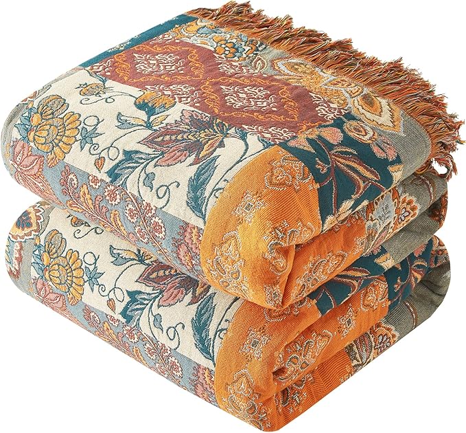Boho Throw Blanket for Couch Sofa Bed, 100% Cotton Woven Quilt with Tassel 50”x60”, Super Soft Muslin Blanket with Floral Printed, Decorative Reversible Bed Blanket/Cover for All Seasons