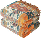 Boho Throw Blanket for Couch Sofa Bed, 100% Cotton Woven Quilt with Tassel 90”x98”, Super Soft Muslin Blanket with Floral Printed, Decorative Reversible Bed Blanket/Cover for All Seasons