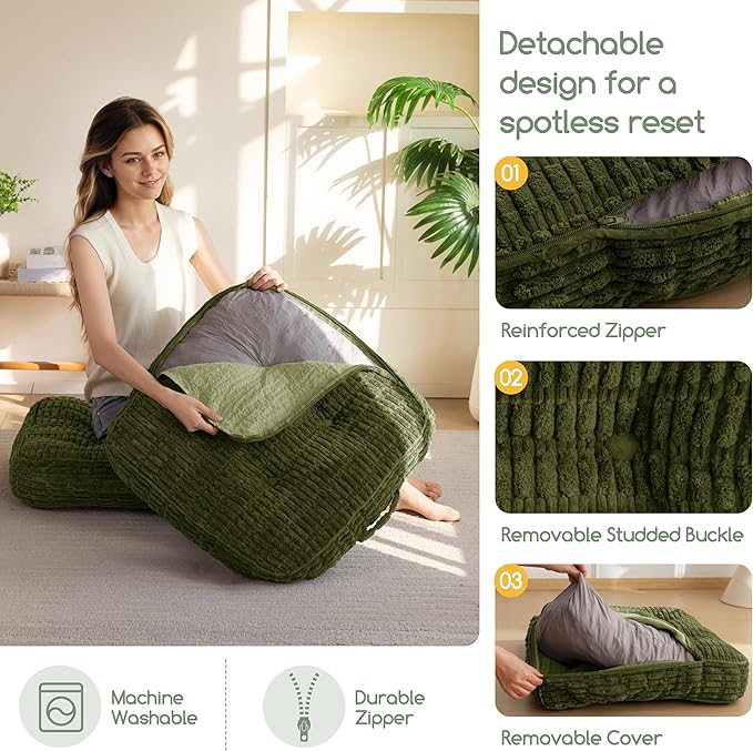 Washable Floor Pillow Cushion for Adults, Meditation Cushion Pillow, Removable Tufted Blended Corduroy Cover, Large Square Floor Sitting for Tatami Living Room or Yoga, 2Pack, Machine Washable
