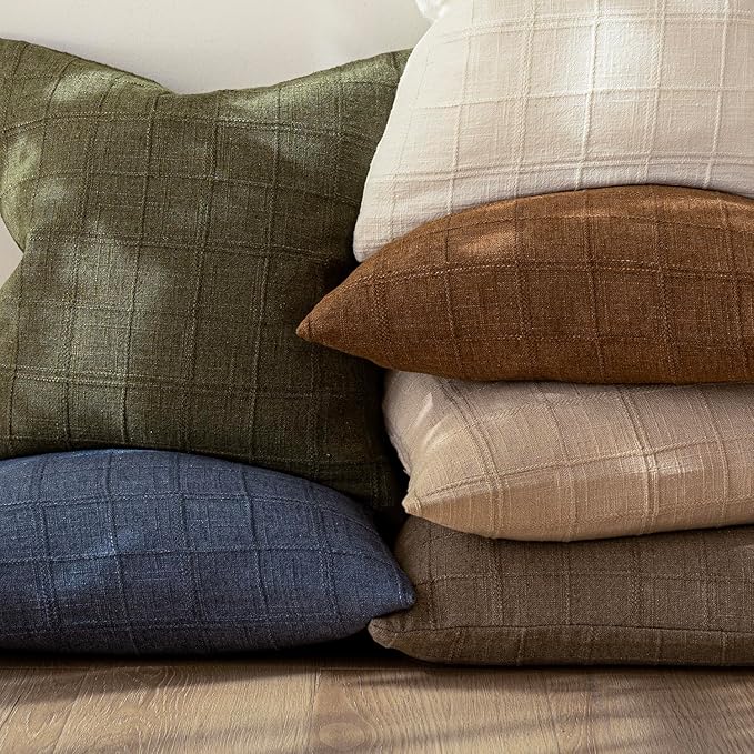 Foindtower Set of 2 Decorative Linen Check Throw Pillow Covers Neutral Farmhouse Vintage Cushion Covers Modern Boho Home Decor for Sofa Chair Couch Bedroom Living Room,20×20 Inch, Brown