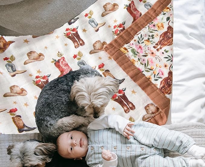 Little Jump Cowgirl Floral & Highlandcow Muslin Blanket Baby Quilt - Silky Soft and Breathable Crib Blanket for Daycare - Large 47" x 47" - 2 Layers Toddler Summer Blankets for Girls (Cow Girl)