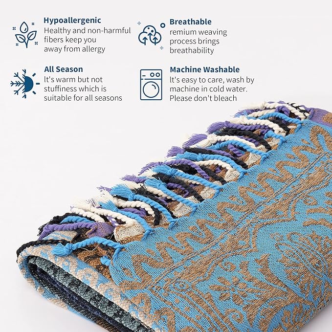 Boho Throw Blanket - Hippie Chenille Jacquard Bohemian Chair Couch Sofa and Bed Furniture Cover with Colorful Tribal Pattern (Purple, 87" x 102")