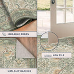 Botanical Sage Rug for Living Room - Washable 10x12 Area Rug for Dining Room Under Table, Extra Large Bedroom - Boho Bird Farmhouse Light Green Decor, Soft Low PileNon-Slip & Stain Resistance