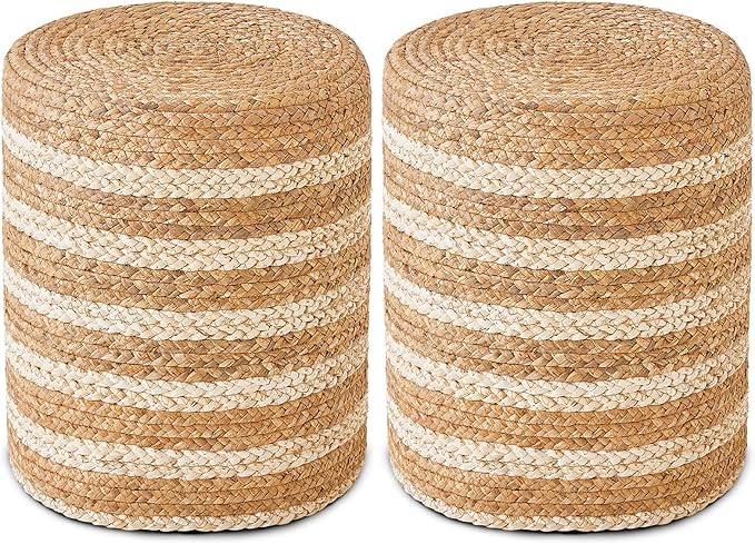 Wimarsbon 2Pcs Pouf Ottomans, Natural Seagrass Foot Stool, Hand Weaving Round Ottoman, Boho Decorative Seat, Jute Braided Pouffe Poof Accent Sitting Footrest for Living Room (Water Hyacinth-White)