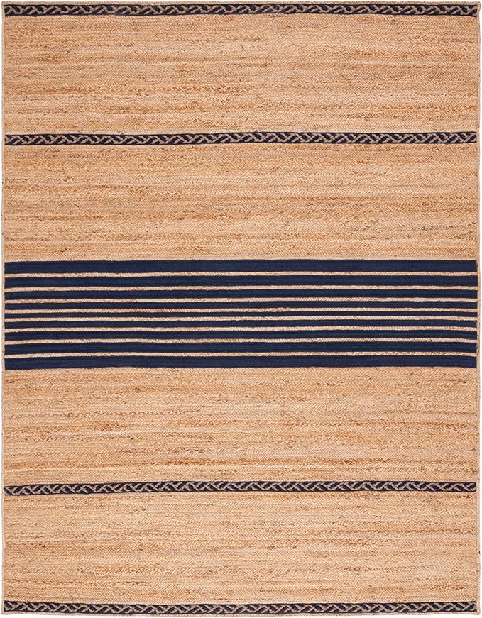 SAFAVIEH Area Rug 8x10 - Natural Fiber Collection - Large - Natural & Navy, Handmade Braided Jute, Stripe Pattern, Ideal for Living Room, Bedroom, Dining Space (NFB262N)