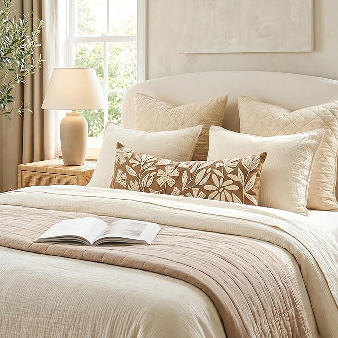 BlissBlush 14x36 Lumbar Pillow Cover for Bed, Brown Rectangular Long Throw Pillowcase, Embroidered Velvet Floral Tufted Farmhouse Accent Cushion (Cover Only)