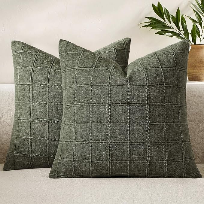 Woaboy Linen Check Throw Pillow Covers Set of 2 - Olive Green Farmhouse Modern Boho Vintage Decorative Cushion Covers Spring Home Decor for Sofa Couch Bedroom Living Room 22x22 Inch