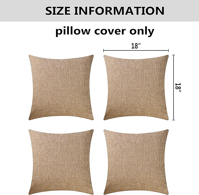 Home Brilliant Burlap Pillow Covers Set of 4 Lined Linen Square Throw Pillow Case Cushion Covers for Sofa Couch Bench Living Room Holiday Decor, 18x18 inch, Natural Linen, Set of 4