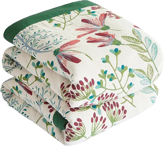 Boho Throw Blanket for Bed 80”x90”, 100% Cotton Woven Blanket for Couch Sofa, Ultra Soft 4-Layer Muslin Quilt with Floral Printed, Farmhouse Bed Blanket/Cover for Living Room Decor