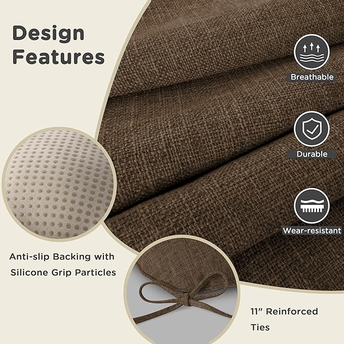 AddGrace Chair Cushions for Dining Chairs Set of 1 Kitchen Seat Cushions with Ties and Non Slip Backing Tufted Indoor Seat Pad for Kitchen Dining Room 18" x 17" x 3" Coffee