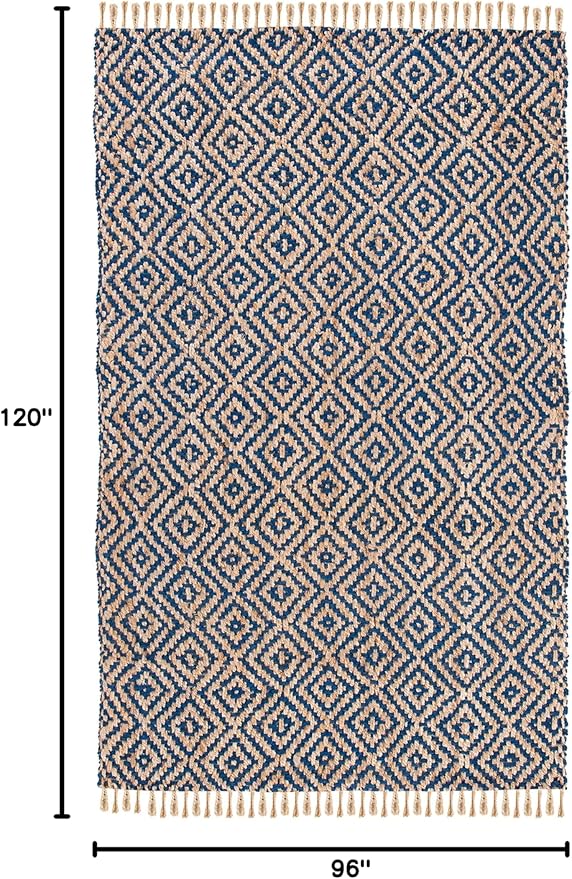 SAFAVIEH Area Rug 8x10 - Natural Fiber Collection - Large - Tropical Blue & Natural, Handmade Jute, Boho Style, Diamond Pattern, Ideal for Living Room, Bedroom, Dining Space (NF266D)