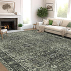 8x10 Vintage Washable Area Rug for Living Room,Low Pile Non Slip Carpet Non-Shedding Large Area Rug Soft Indoor Stain Resistant Rug Floral Print Mat for Bedroom Dining Room Green Floral