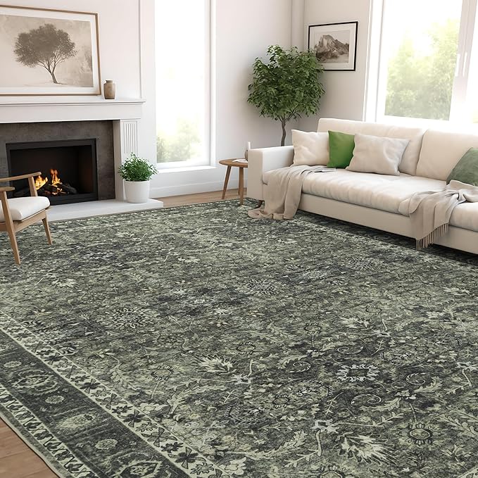 8x10 Vintage Washable Area Rug for Living Room,Low Pile Non Slip Carpet Non-Shedding Large Area Rug Soft Indoor Stain Resistant Rug Floral Print Mat for Bedroom Dining Room Green Floral