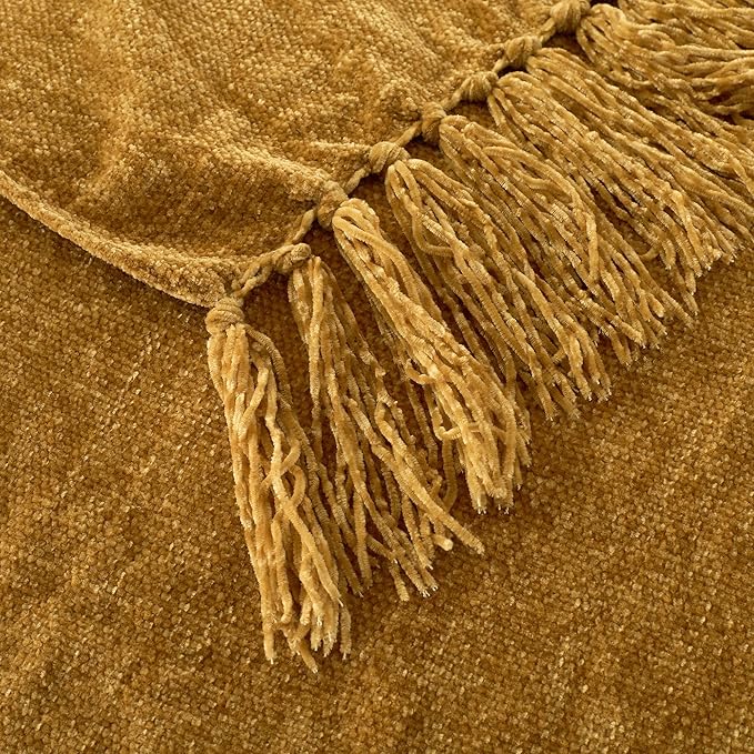 Chenille Throw Blanket for Couch with Tassels,60"X80" Soft Cozy Lightweight Knitted Boho Decorative Blankets for Bed and Sofa,Yellow