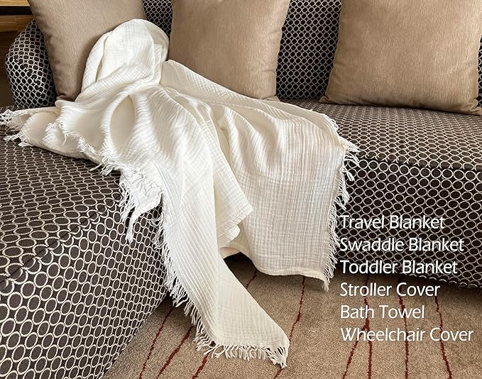 KyraHome 100% Cotton Muslin Blankets for Adults, Couch, 50"x60", Pre-Washed Plant Dyed, Breathable Lightweight Gauze Bed Blanket, All Season (White)