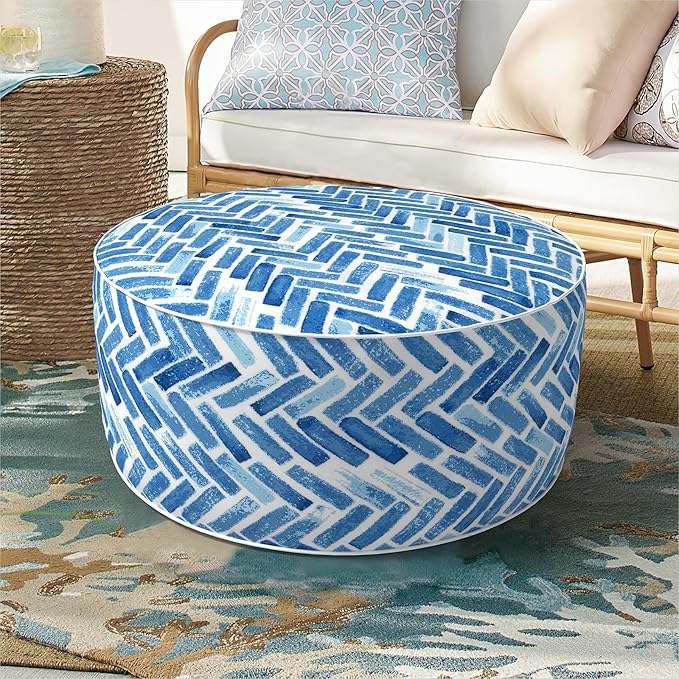 Inflatable Ottoman Stool D21 xH9 for Outdoor/Indoor Use, Water Repellent Patio Foot Rest Stool with Portable Handle,Round Pouf Ottoman Suitable for Garden,Deck and Camping - Blue Bricks