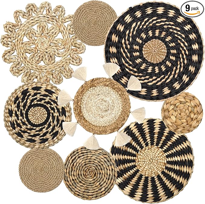 LOMOHOO Set of 9 Boho Wall Basket Decor Wicker Woven Wall Basket Decorations Bohemian Handcrafted Round Basket Hanging decor Bulrush Wall Art Decors for Living Room Rustic Home