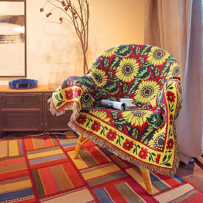 Red Sunflower Throw Blanket with Fringe Boho Throw Blankets Recliner Chair Couch Sofa Cover Woven Reversible Cotton Bohemian Tapestry Hippie Room Home Decor Double Side 50"x70"