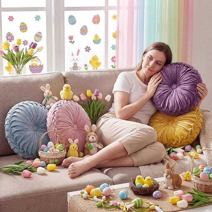 Kathfly Set of 4 Decorative Round Pleated Throw Pillows, Classy Velvet Pumpkin Round Throw Pillows, Decorative Floor Pillow for Bed Chair Home Sofa Decor, 14" Diameter (Purple, Blue, Green, Pink)