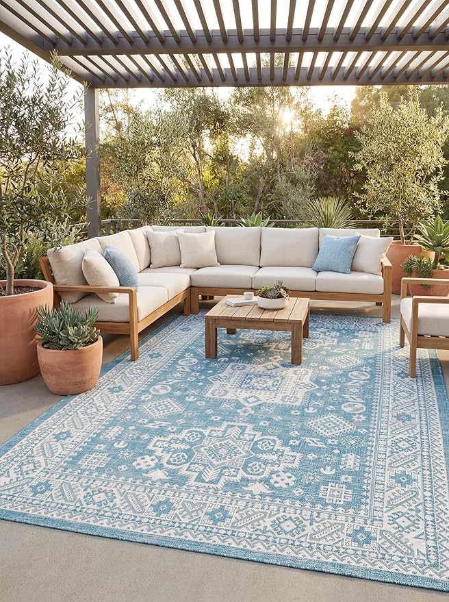 Rugs.com Outdoor Aztec Collection Rug – 3' x 5' Aqua Flatweave Rug Perfect for Living Rooms, Large Dining Rooms, Open Floorplans