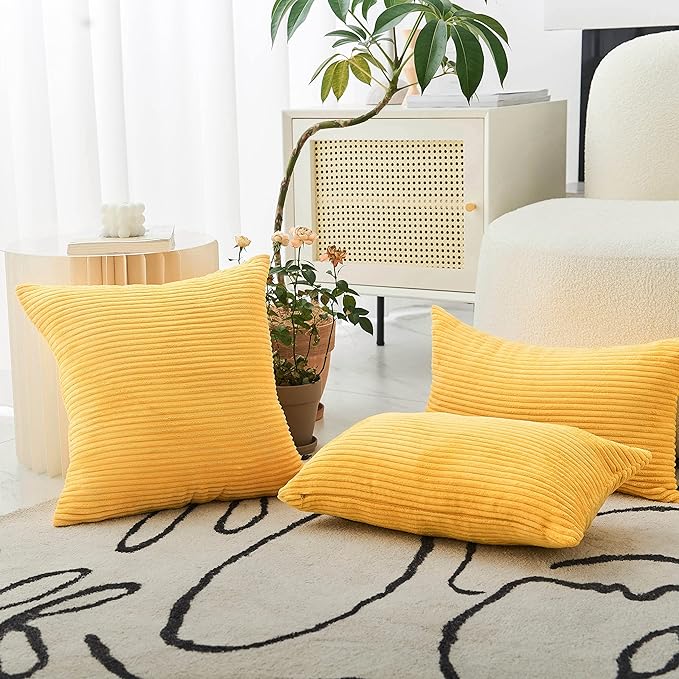 Home Brilliant 12 x 20 Spring Pillow Covers Set of 2 Plush Striped Corduroy Velvet Rectangular Throw Pillow Covers for Chair Couch Decor Lumbar Pillows, 12 x 20 inch, Sunflower Yellow