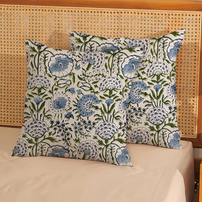 Boho Navy Blue Pillow Covers 18x18 Inch Set of 2 Blue Sage Green Floral Throw Pillows Vintage Flower Outdoor Decorative Pillow Cases Farmhouse Linen Cushion Cover Decor for Couch Sofa Decor