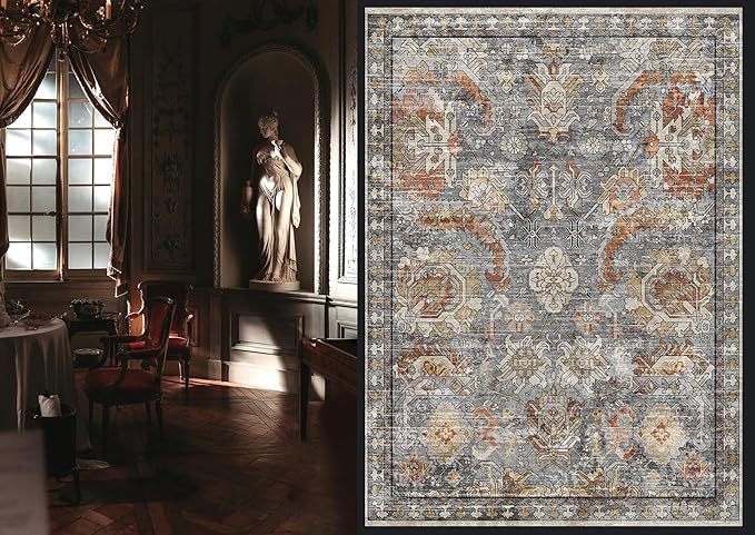 RUGSURE Washable Area Rugs - Perfect for Living Room, Bedroom, Kids Room, Nursery - Stain & Water Resistant Non-Slip, Pet & Child Friendly, Vintage Tribal Area Rugs (Turmeric and Grey, 4' x 6')