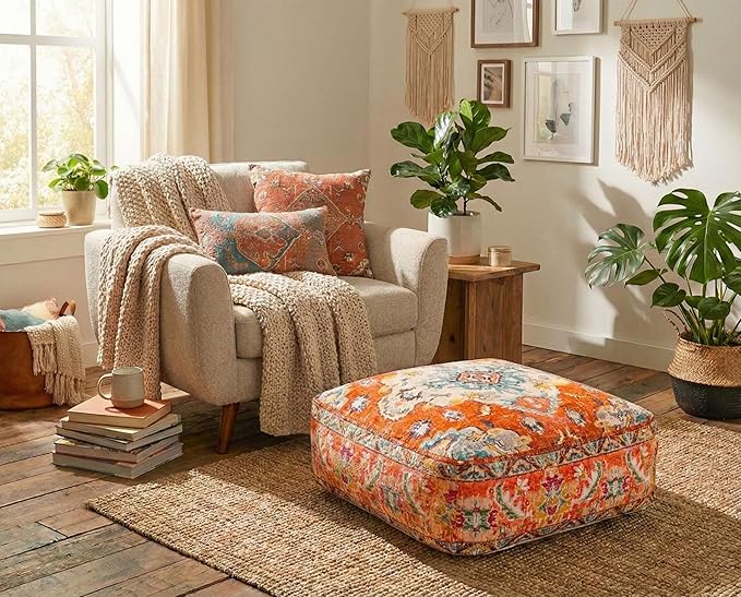 Mandala Life ART Large Yoga Décor Bean Bag Cover Orange Boho Chic Orange Decorative Floor Cushion Moroccan Seating Area Perfect for Living Room, Bedroom, Nursary or Children Room Unstuffed