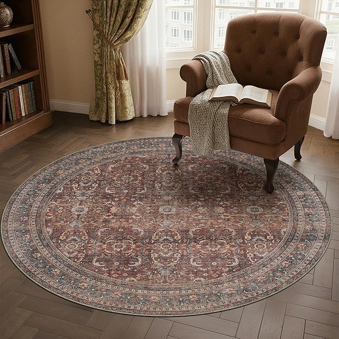 HUGEAR 4ft Round Rug Entryway Rugs Machine Washable Brick Red Hallway Area Rug 4x4 Small Circle Floral Low Pile Carpet Vacuumable Throw Rug Living Room Laundry Entrance Non Slip Soft Lightweight