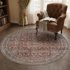 HUGEAR 4ft Round Rug Entryway Rugs Machine Washable Brick Red Hallway Area Rug 4x4 Small Circle Floral Low Pile Carpet Vacuumable Throw Rug Living Room Laundry Entrance Non Slip Soft Lightweight