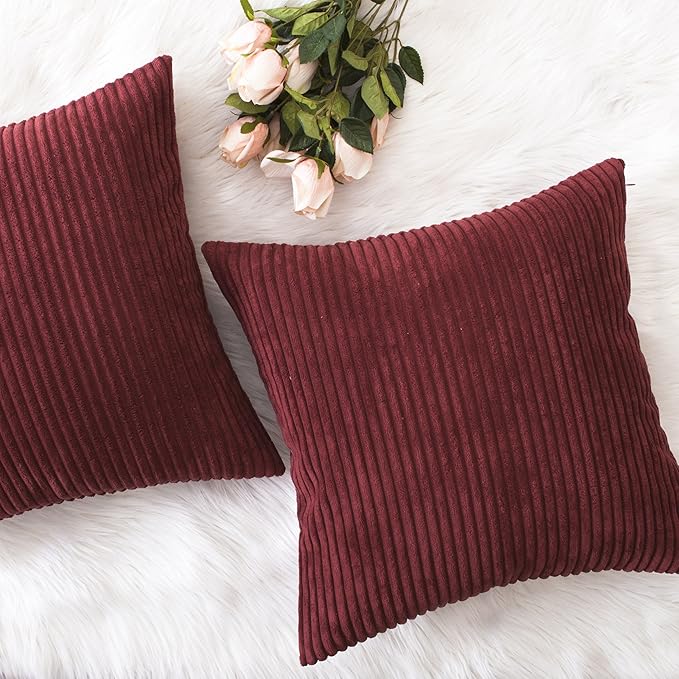 Home Brilliant Red Pillow Covers 26x26 2 Pack Euro Sham Super Soft Striped Corduroy Large Throw Pillow Cover Living Room Decor, 26 x 26 Inches, 66x66 cm, Burgundy