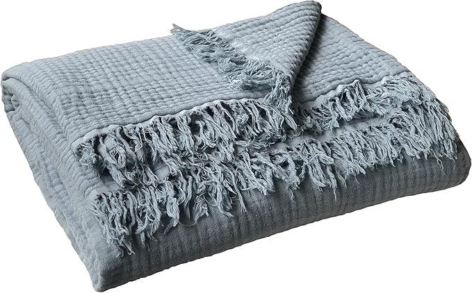 KyraHome 100% Cotton Throw Blankets for Couch, 60"x80" Plant-Dyed Breathable Lightweight Gauze Soft Muslin Throw Blankets for Adults, All Season (Slate Blue)