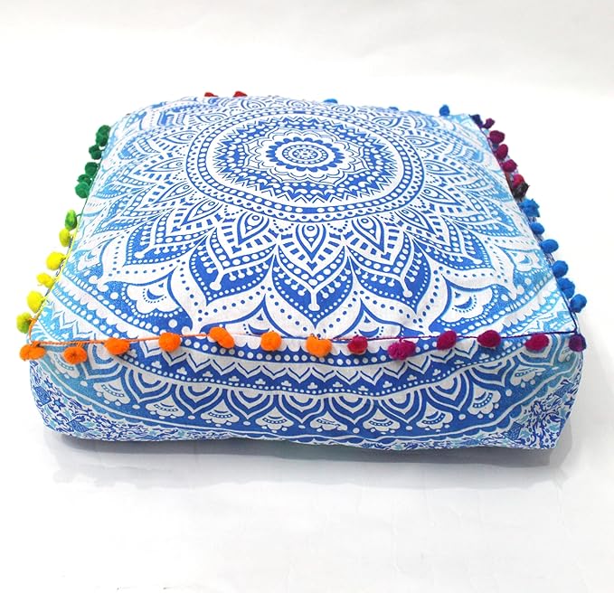 CRAFT KALA 24" Square Large Hippie Mandala Meditation Floor Ottoman Pillow Cushion Pouf Cover Square Poufs Bohemian Circle Floor Cushion Case Outdoor Fireplace Yoga Living Room Decor Cover Blue Ombre