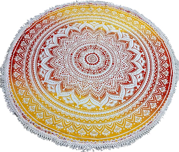 Round Beach Tapestry Turquoise Mandala Throw/Boho Hippie Beach Blanket Roundie/Indian Cotton Bohemian Large Round Table Cloth-Home Decor/Yoga Mat Meditation Picnic Rug (70", Yellow-Orange)