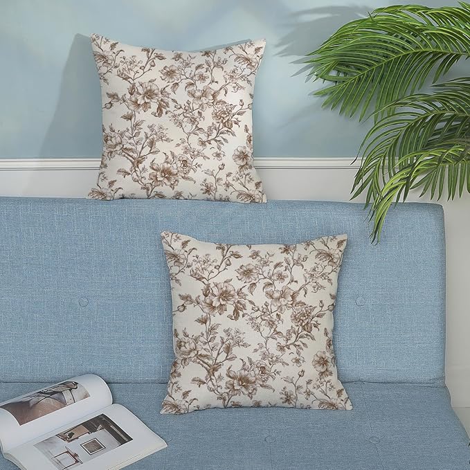 Brown Pillow Covers 22x22 Set of 2 Brown and Cream Floral Chinoiserie Throw Pillows Vintage Rustic Toile Flower Decorative Pillow Cases Outdoor Chinoiserie Decor Cushion Case for Couch Sofa