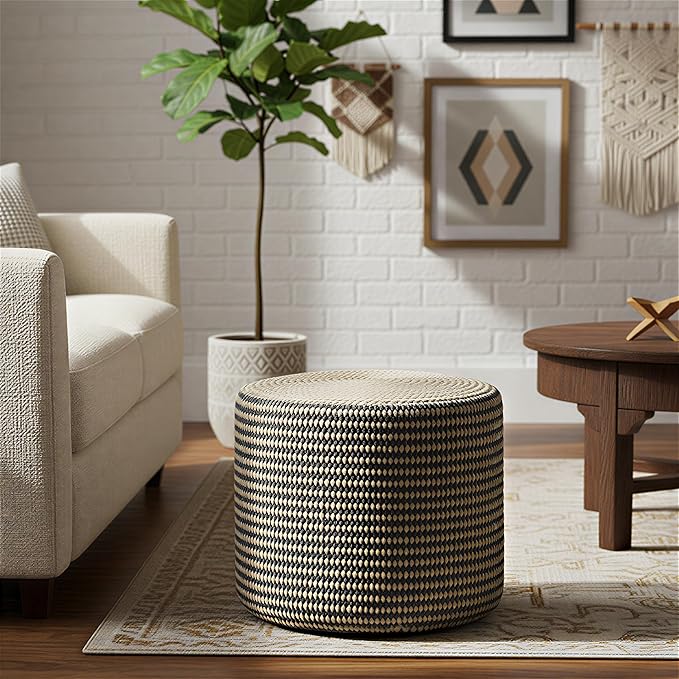 SIMPLIHOME Larissa Round Pouf - 18 inch Wide Hand Braided Jute Ottoman in Sandy Natural/Ebony, Boho Footstool or Extra Seating for Living Room or Kids Room with Polystyrene Bead Filling, Assembled