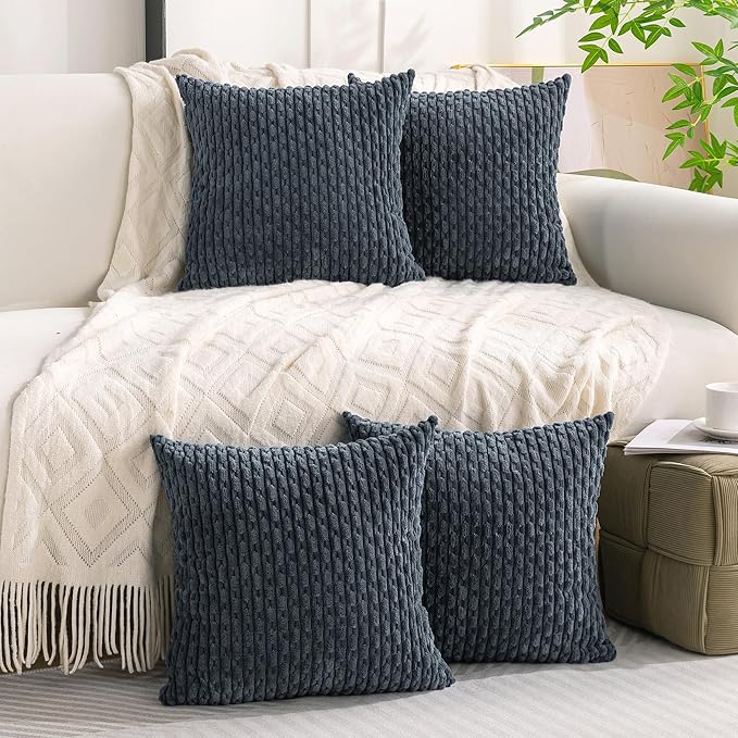 Set of 4 Grey Blue Decorative Throw Pillow Covers 16x16 Inch Corduroy Pillow Covers for Bed Couch Sofa Living Room Soft Square Cushion Cases