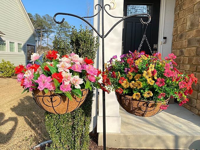 HyeFlora Artificial Faux Hanging Plants Flowers Basket for Summer Outdoor Outside Decoration, Fake Silk UV Sun Resistant Look Real Colorful Daisy Eucalyptus for Porch Home Patio Balcony Yard