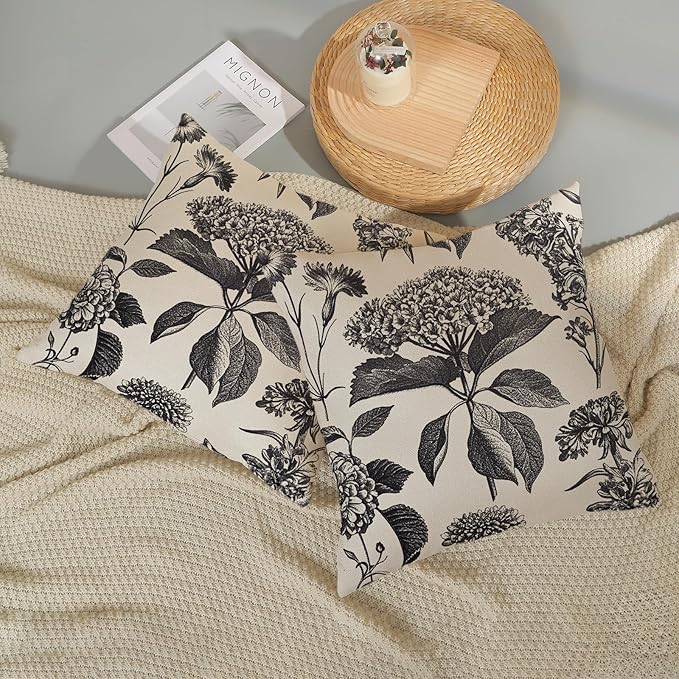 Black Pillow Covers 20x20 Set of 2 Vintage Boho Floral Hydrangea Herbs Botanical Throw Pillow Cover Outdoor Flower Decoration Pillowcase Linen Farmhouse Cushion Case Decorative for Couch Sofa
