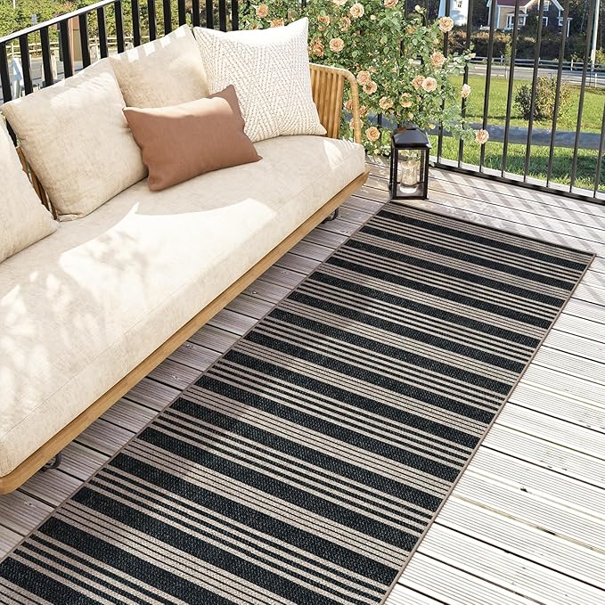 Lahome Elance Striped Easy Jute Runner, 2x6 Kitchen Runner Rug Non Slip Washable Outdoor Rug for Entryway Indoor, Farmhouse Indoor Outdoor Black Carpet for Hallway 6ft Entry Front Door
