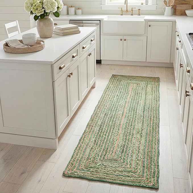 SAFAVIEH Cape Cod Collection Runner Rug - 2'3" x 8', Green & Natural Brown, Handmade Jute & Cotton, Woven Braided Design (CAP202Y)